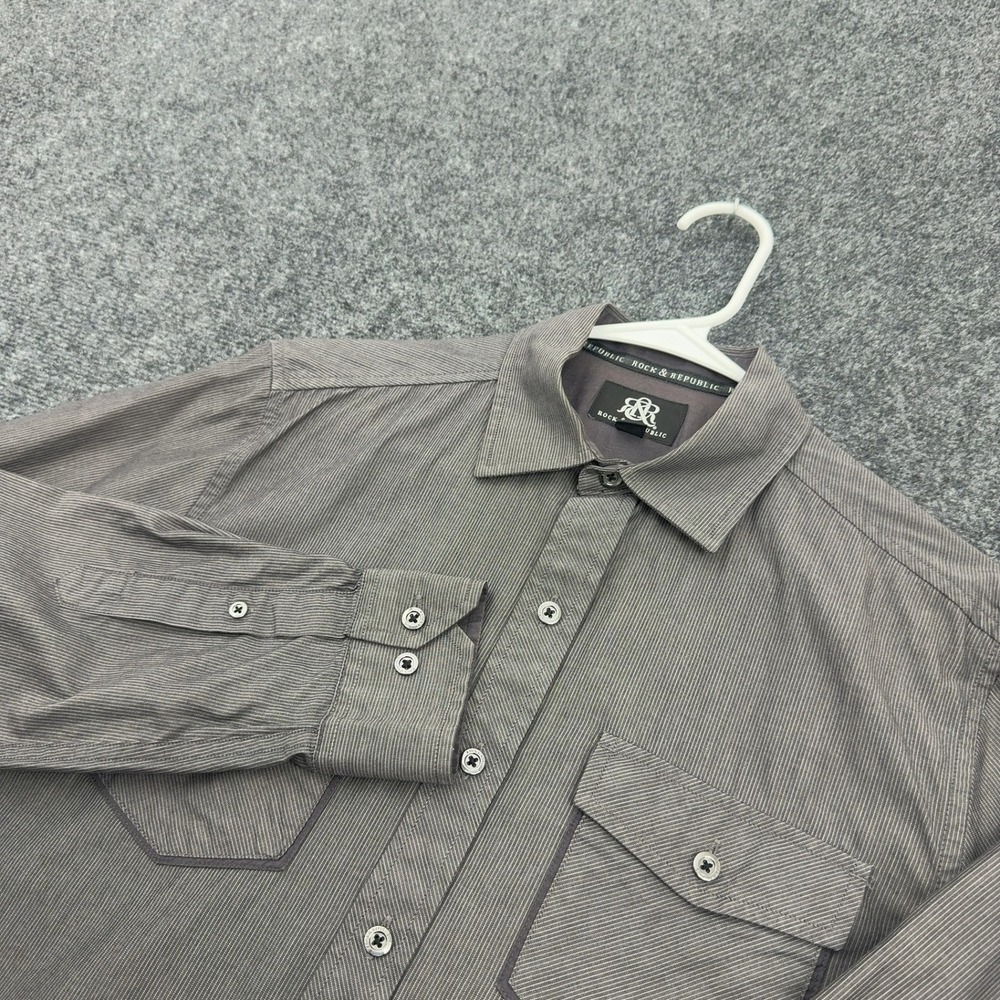 Rock & Republic Button Down Shirt Mens S Grey Cotton Striped Long Sleeve Casual
